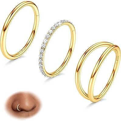 18g 14k Gold Plated 316l Surgical Steel Nose Rings Hoops 3pcs Double Hoop Nose